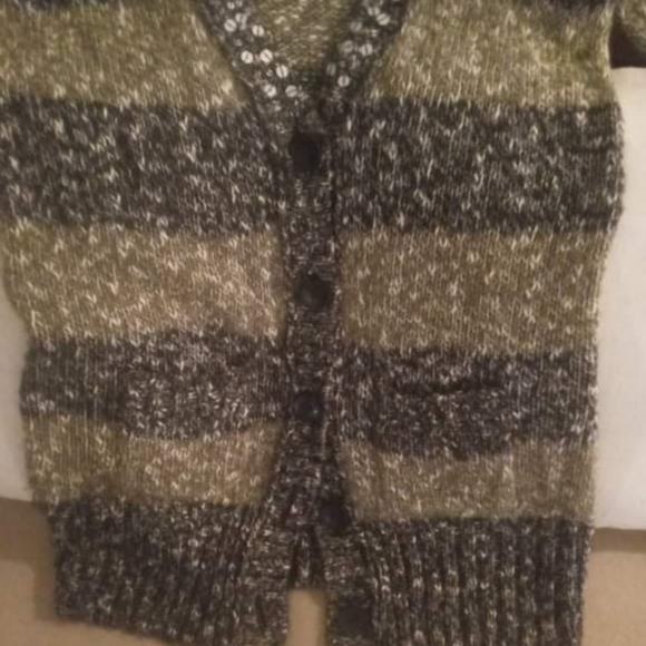 Mudd Large Gray & Olive Green Striped Spft Knitted Cardigan Sweater with Sequins - Picture 4 of 8
